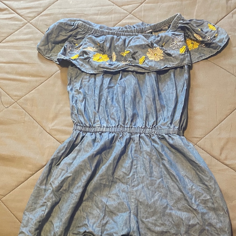 Love Tree Blue Jumpsuit with Yellow Floral Embroidery